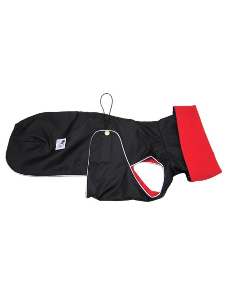 Abrigo Impermeable Acolchado para Whippet color negro con forro rojo